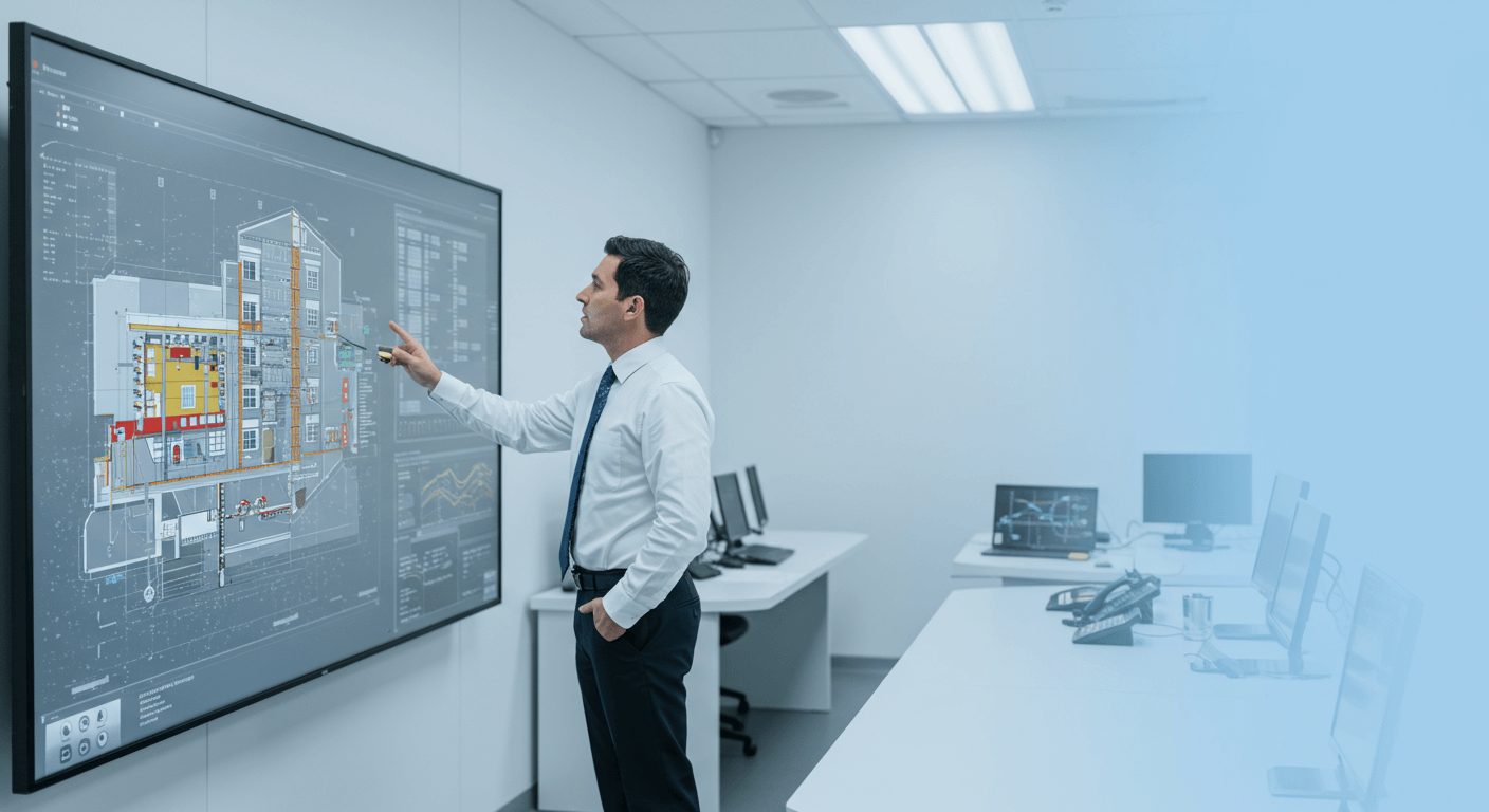 Técnico desenvolvendo projeto de segurança contra incêndios