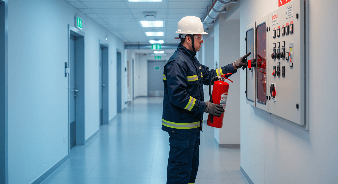 Técnico verificando extintores de segurança contra incêndios